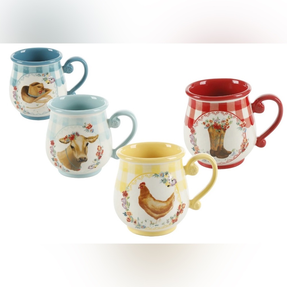 Pioneer Woman Gingham Farm Animals 16-oz Stoneware Mugs, Set of 4